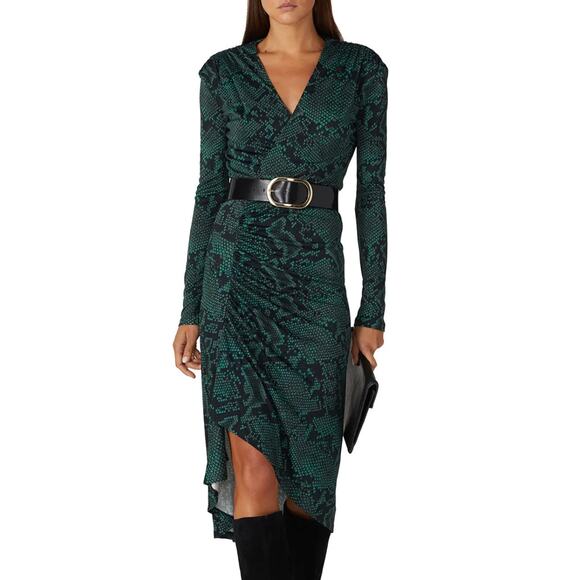 Atlein Python Ruched Midi Wrap Dress Green Size 2 Jersey Career Designer $350 - Picture 1 of 10